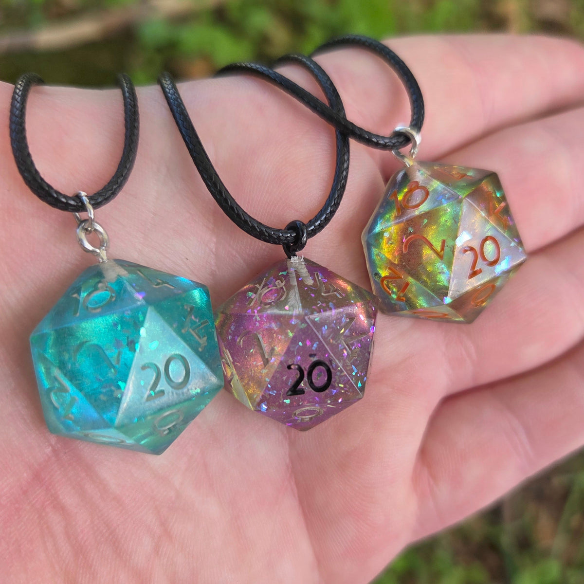 Individual Glow in the Dark Colorshifting Handmade Resin Half D20 TTRPG Polyhedral Gaming Dice Pendant Necklaces