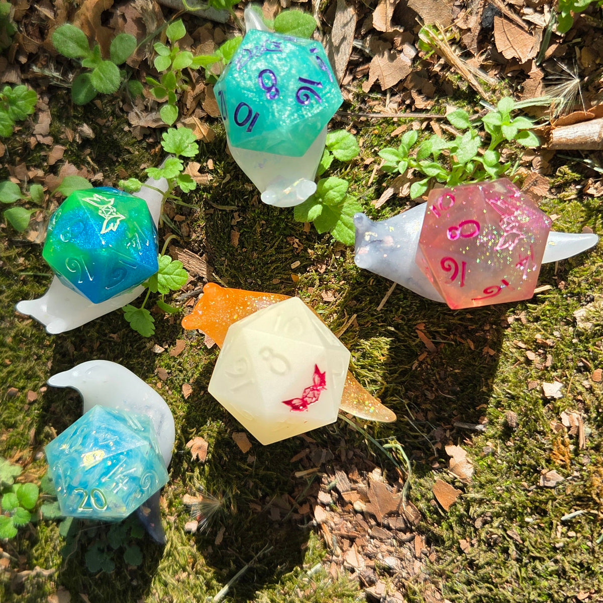 Dice Snail Pins – One-of-a-Kind Handmade Glow-in-the-Dark Resin Accessories