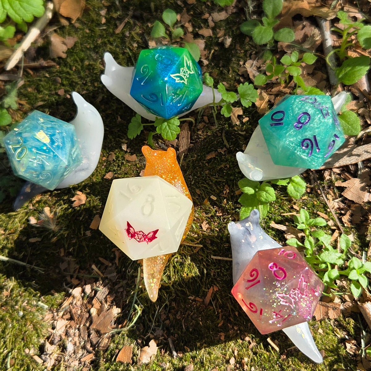 Dice Snail Pins – One-of-a-Kind Handmade Glow-in-the-Dark Resin Accessories