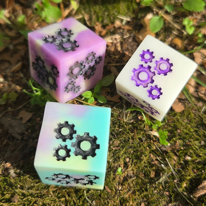 Grinding Gears - Handmade Steampunk Resin D6, Swirl & Frosted White Styles