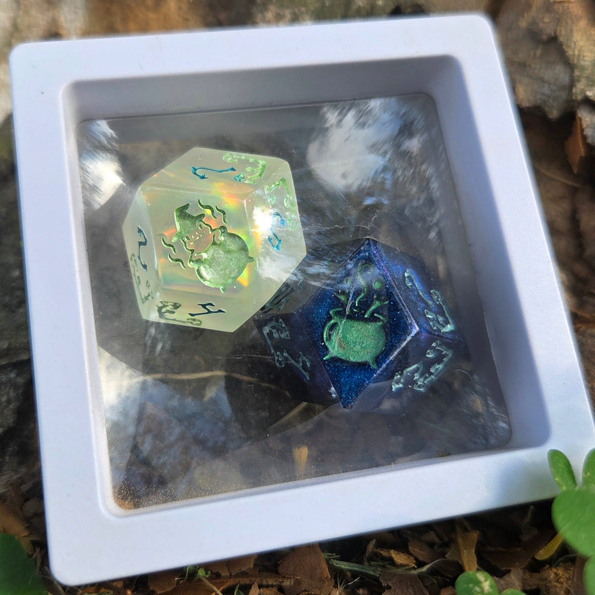 Ribbity Bobbity BOO! - Handmade Frog Witch D12 Dice Pair, Colorshift & UV Glow