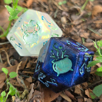 Ribbity Bobbity BOO! - Handmade Frog Witch D12 Dice Pair, Colorshift & UV Glow