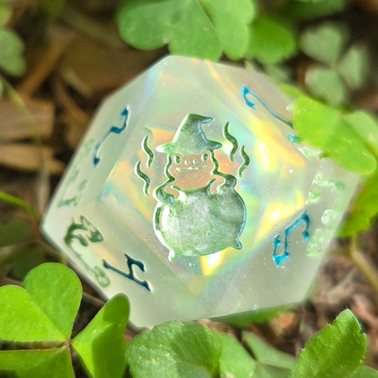Ribbity Bobbity BOO! - Handmade Frog Witch D12 Dice Pair, Colorshift & UV Glow