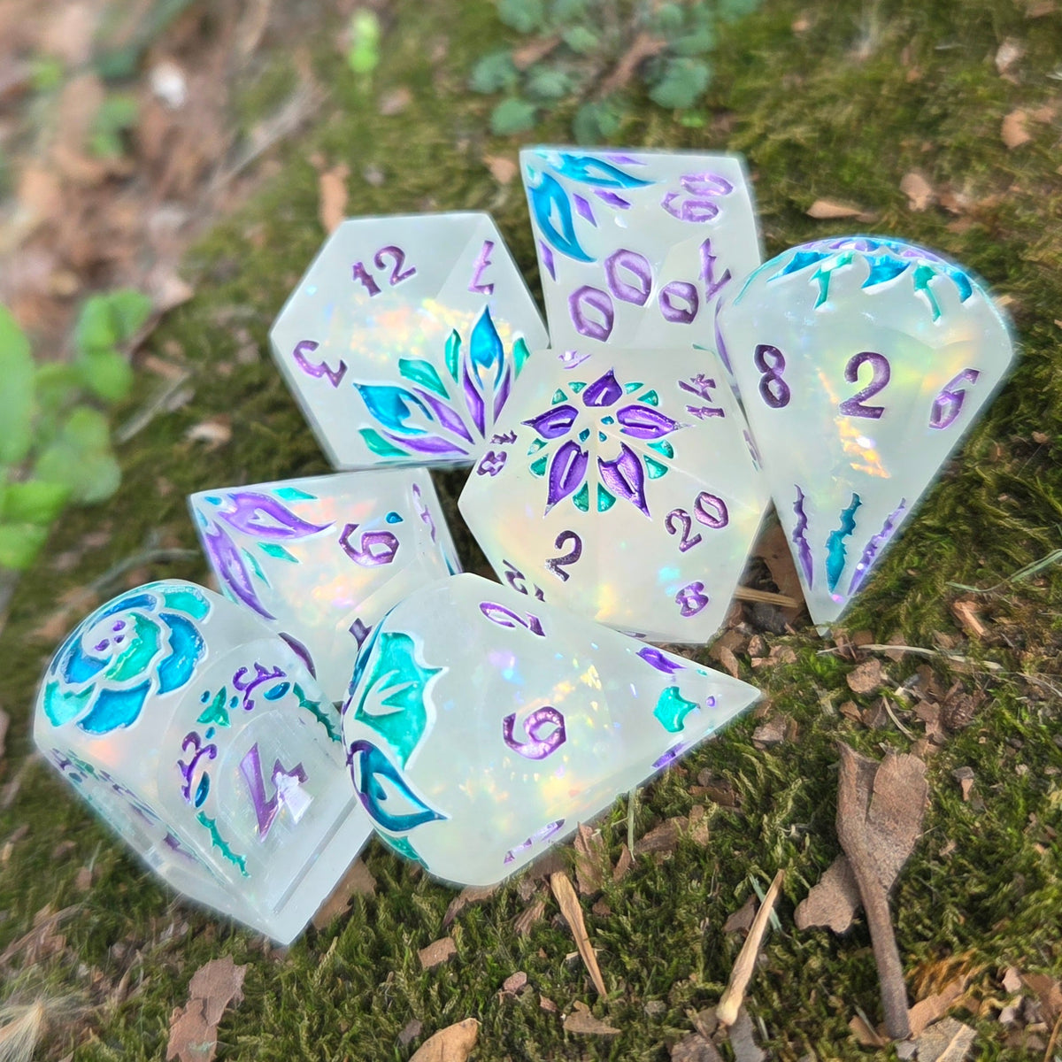 Toxic Flowers - Handmade Rainbow Shimmer Glow-in-the-Dark Resin Dice Set, 7 Pieces