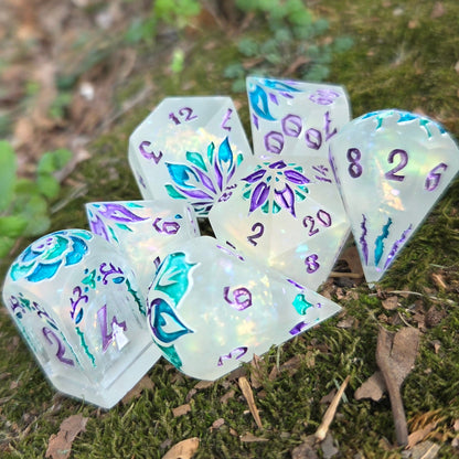 Toxic Flowers - Handmade Rainbow Shimmer Glow-in-the-Dark Resin Dice Set, 7 Pieces