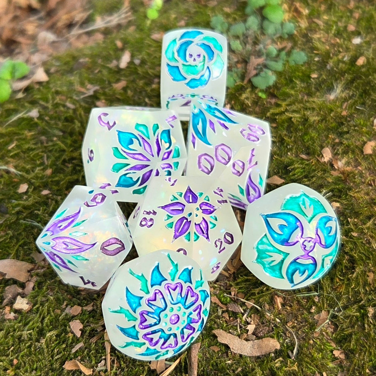 Toxic Flowers - Handmade Rainbow Shimmer Glow-in-the-Dark Resin Dice Set, 7 Pieces
