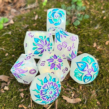 Toxic Flowers - Handmade Rainbow Shimmer Glow-in-the-Dark Resin Dice Set, 7 Pieces