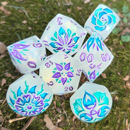 Toxic Flowers - Handmade Rainbow Shimmer Glow-in-the-Dark Resin Dice Set, 7 Pieces