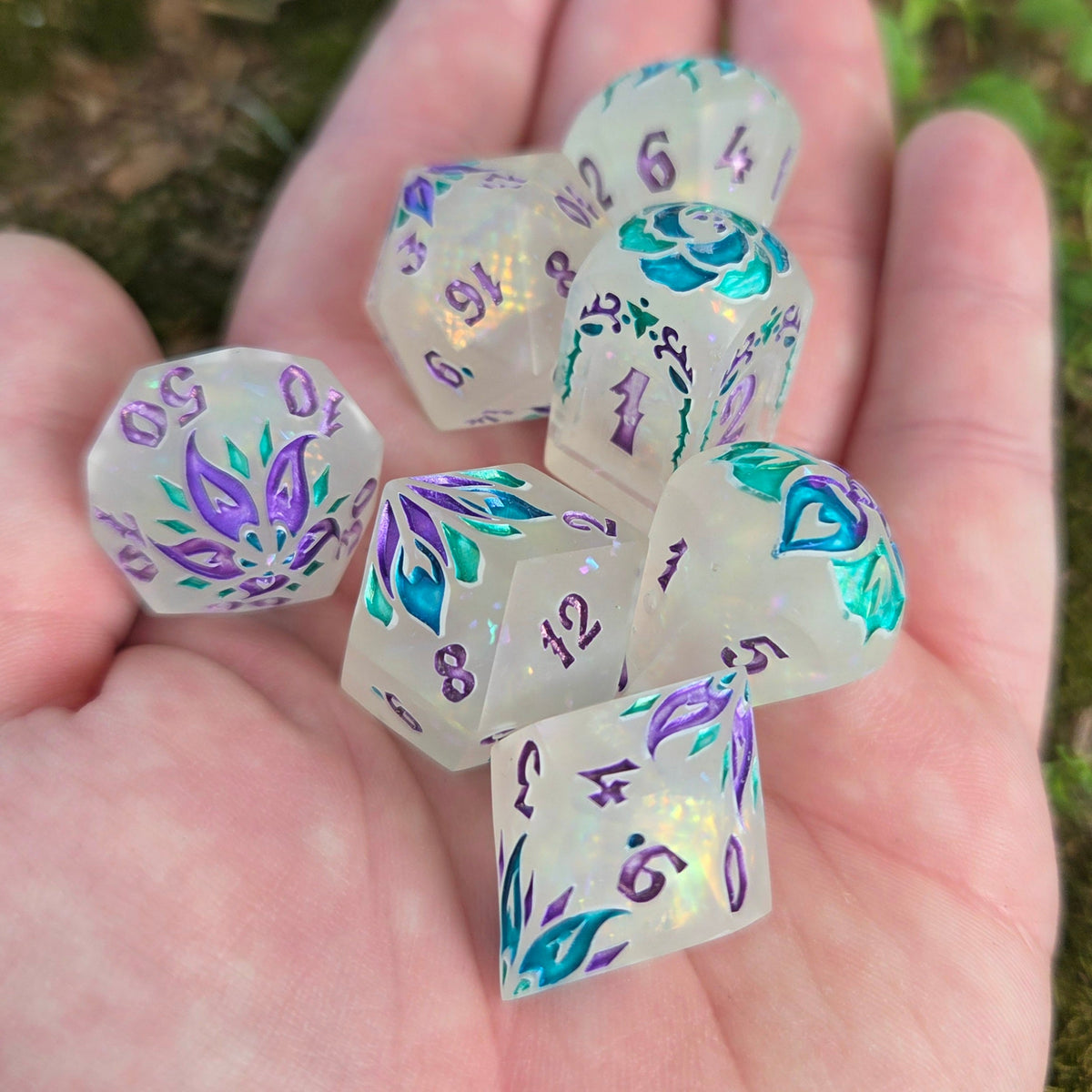 Toxic Flowers - Handmade Rainbow Shimmer Glow-in-the-Dark Resin Dice Set, 7 Pieces