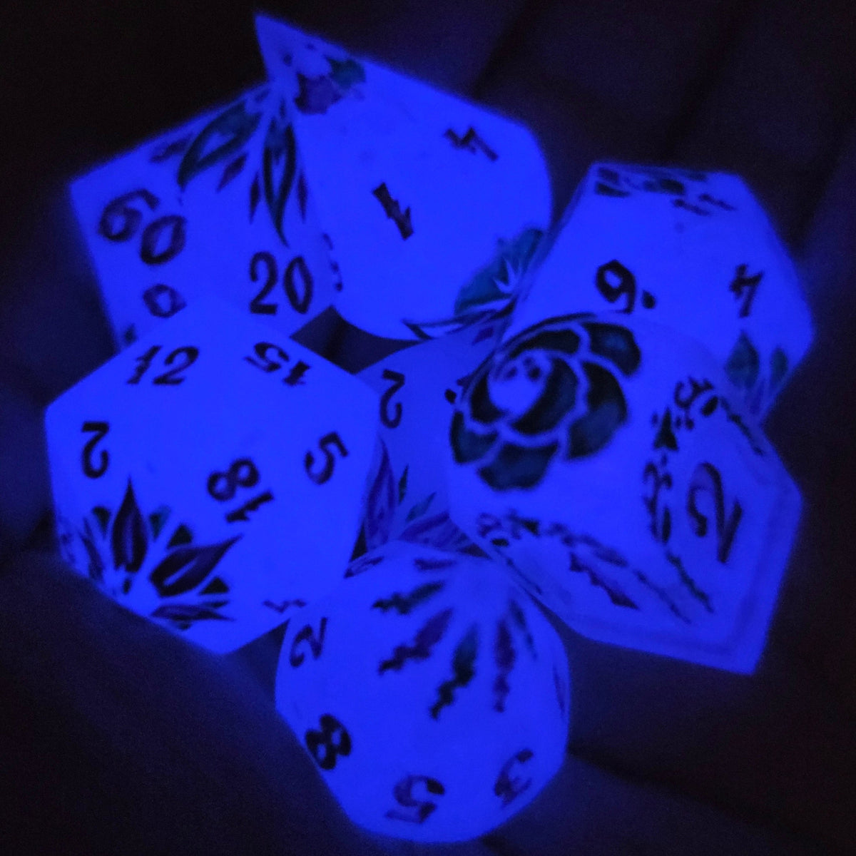 Toxic Flowers - Handmade Rainbow Shimmer Glow-in-the-Dark Resin Dice Set, 7 Pieces