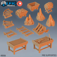 Dwarf Mine Carts and Tracks Scatter – Rails, Ore Wagons, Tables, and Terrain