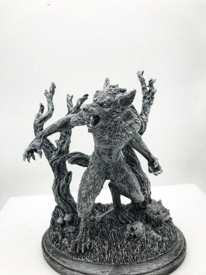 Werewolf Statue, Hand Painted Grayscale Resin Sculpture | Gothic Halloween Legendary Monster Figurine | Dark Art for Spooky Home Decor