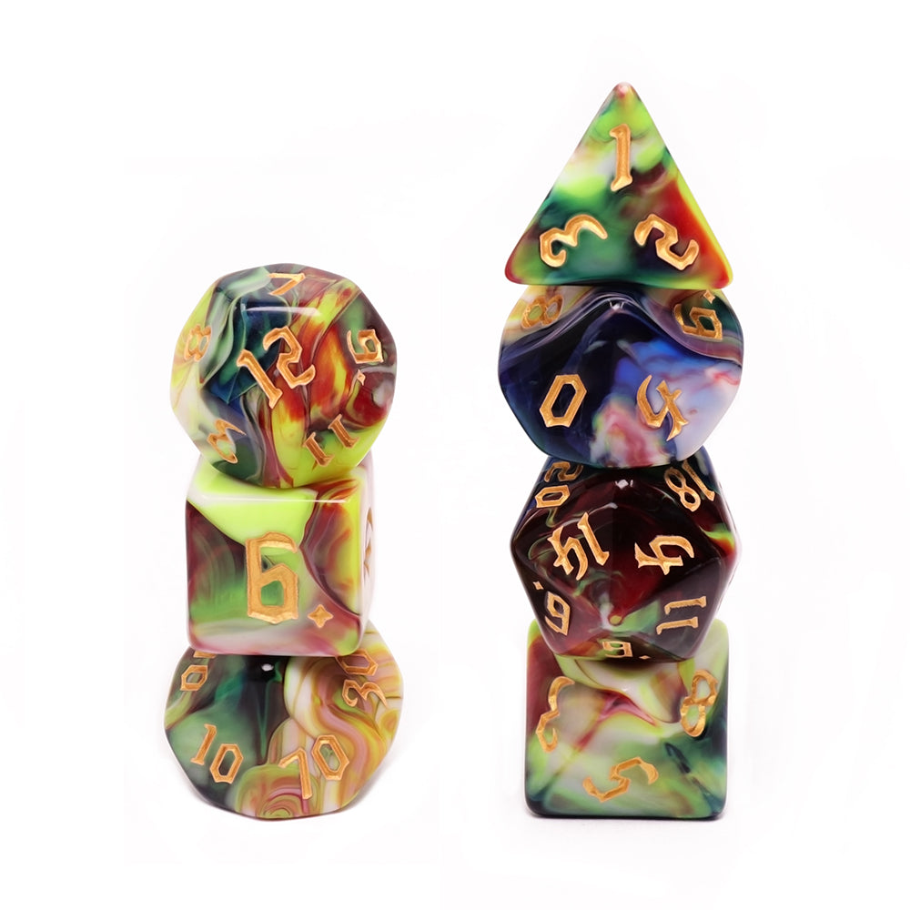 Secret Garden 7-Dice Set Blue/White/Green/Red  w/Gold Numbers Dnd Dice Set