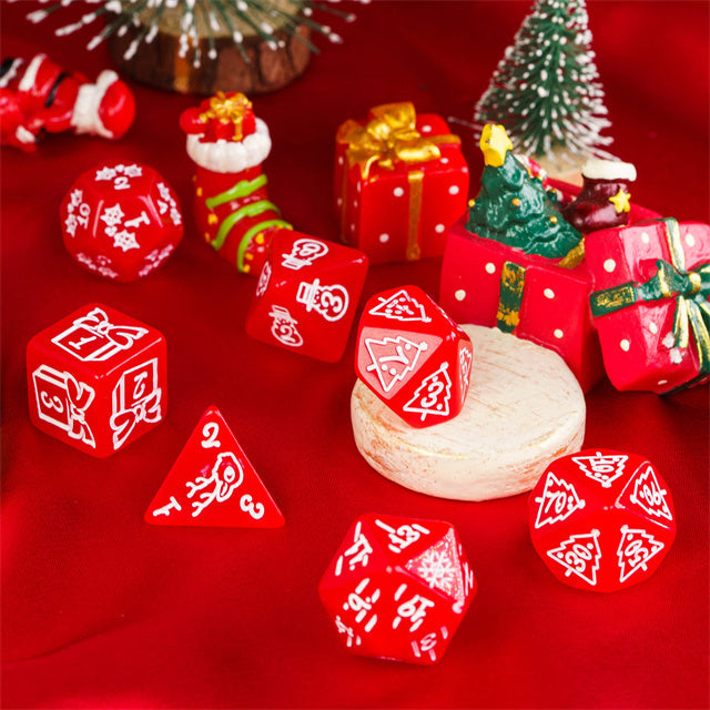Red Christmas Dice – Holiday Festive RPG Dice Set with White Holiday Designs