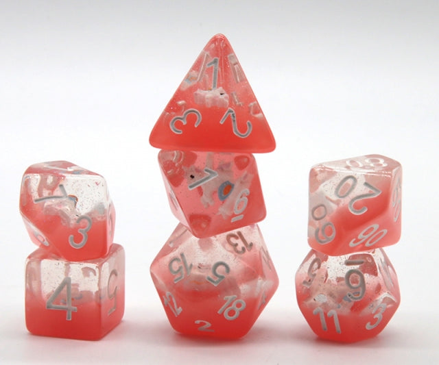 Red Nobel Unicorn Resin Glitter White Numbers 7-Dice Set Rpg