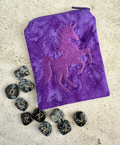 Purple Unicorn Mojo Bag – Embroidered Batik Pouch for Crystals & Coins