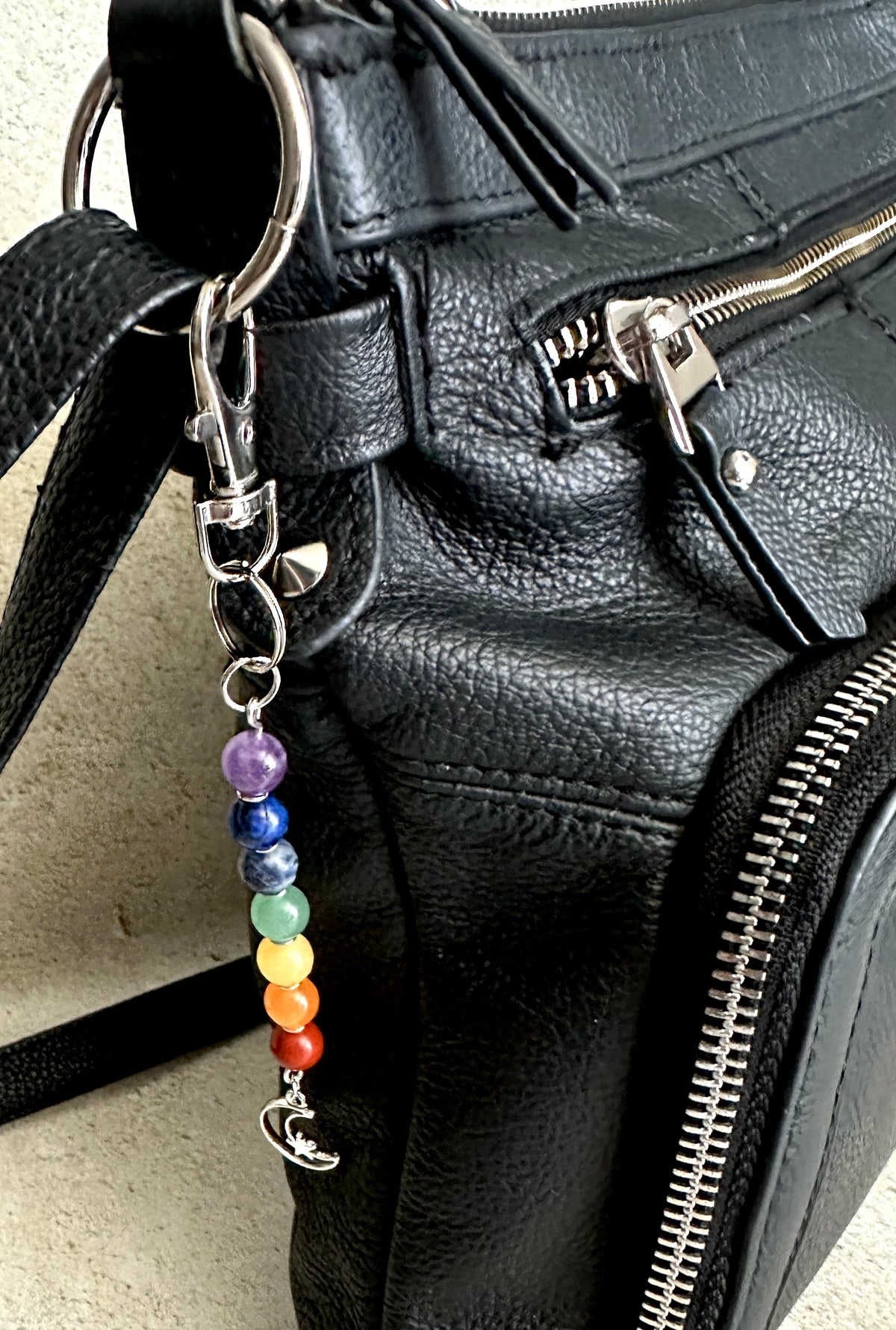 7 Chakra Crystal Gemstone Bag Charm – Reiki Infused Keychain with Silver Lotus, Moon or Om Charm