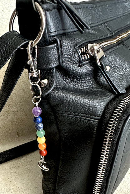 7 Chakra Crystal Gemstone Bag Charm – Reiki Infused Keychain with Silver Lotus, Moon or Om Charm