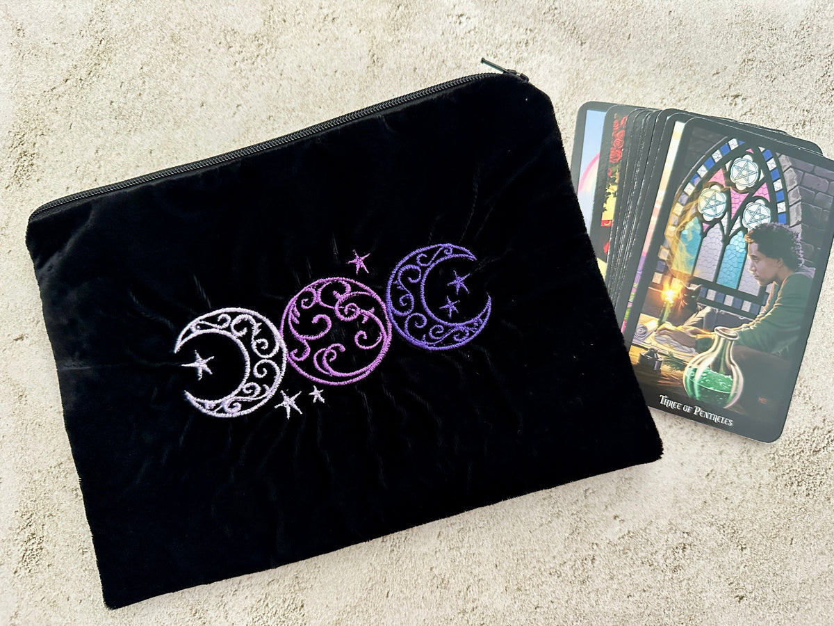 Triple Moon Velvet Tarot Bag with Zipper – Witchy Gift for Tarot & Oracle Lovers
