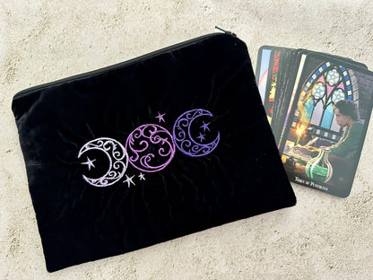 Triple Moon Velvet Tarot Bag with Zipper – Witchy Gift for Tarot & Oracle Lovers