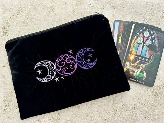 Triple Moon Velvet Tarot Bag with Zipper – Witchy Gift for Tarot & Oracle Lovers