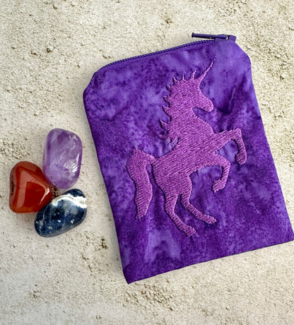 Purple Unicorn Mojo Bag – Embroidered Batik Pouch for Crystals & Coins