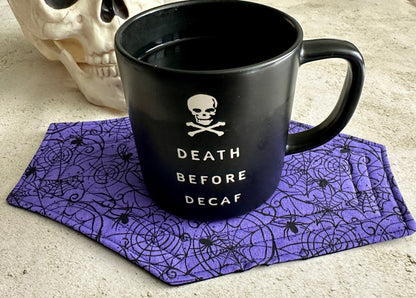 Spiderweb Coffin Mug Rug – Quilted Halloween Coffee Coaster for Horror Fans