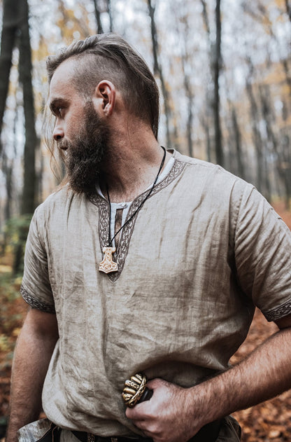 Norse Linen Tunic - Hand-Woven Viking Medieval Tunic with Embroidery