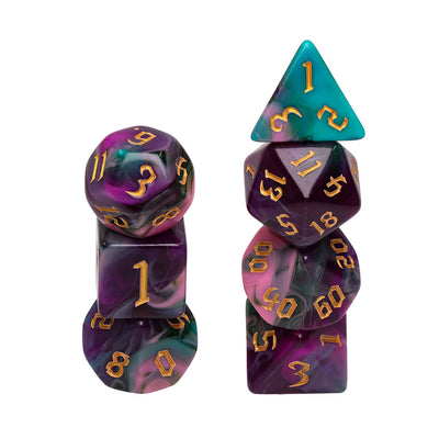 Night Elves 7-Dice Set Pink/Green/Purple w/Gold Numbers Dnd Dice Set
