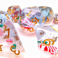 Red & White Stocking Inclusion with Frost and Tree 7-Dice Set RPG DND