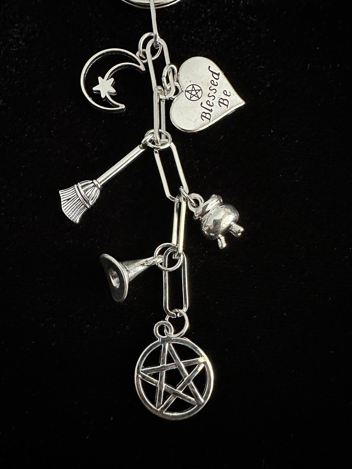 Witchy Bag Charm Keychain – Silver Pentacle, Moon, Witch Hat & Star Charms