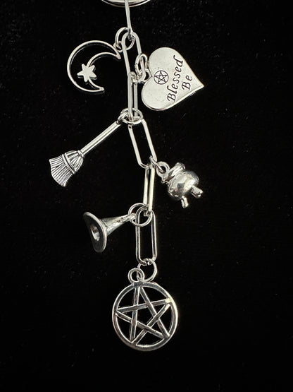 Witchy Bag Charm Keychain – Silver Pentacle, Moon, Witch Hat & Star Charms