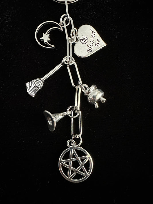 Witchy Bag Charm Keychain – Silver Pentacle, Moon, Witch Hat & Star Charms
