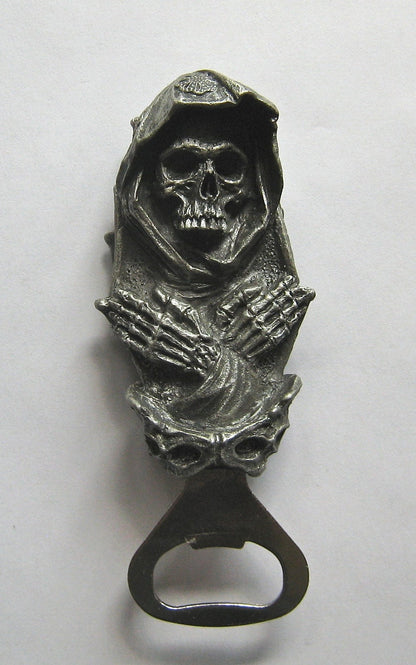 Santa Muerte Bottle Opener, Hand Painted Resin | Gothic Skull Art Barware, Grim Reaper Bottle Opener | Fantasy Gothic Beer and Barware Gift