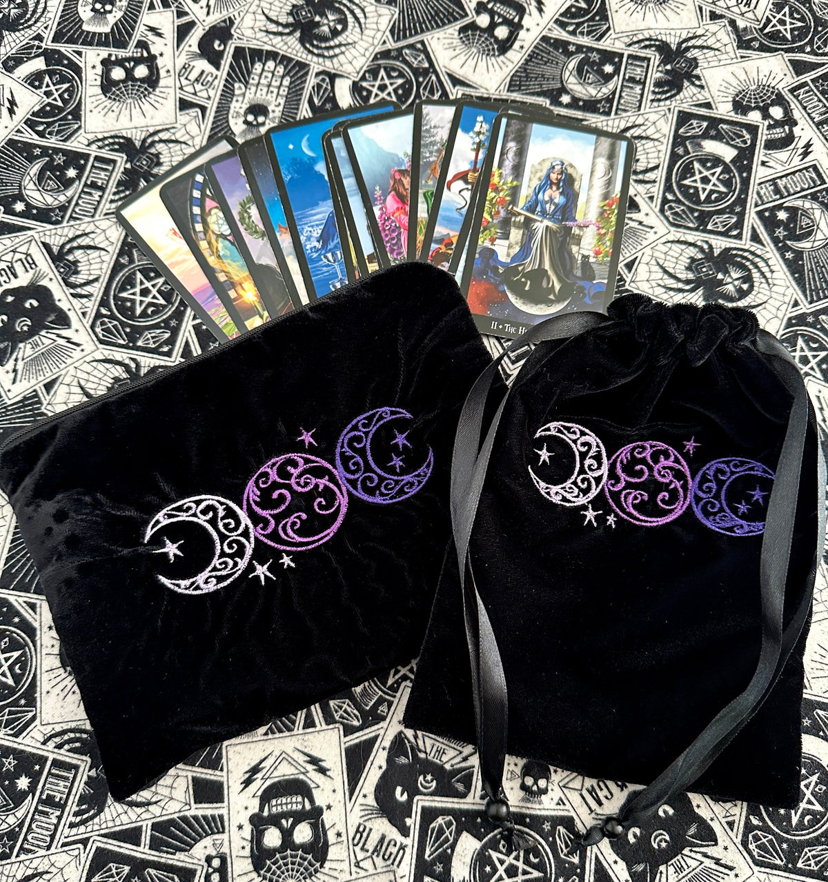 Triple Moon Velvet Tarot Bag with Drawstring – Witchy Gift for Tarot & Oracle Lovers