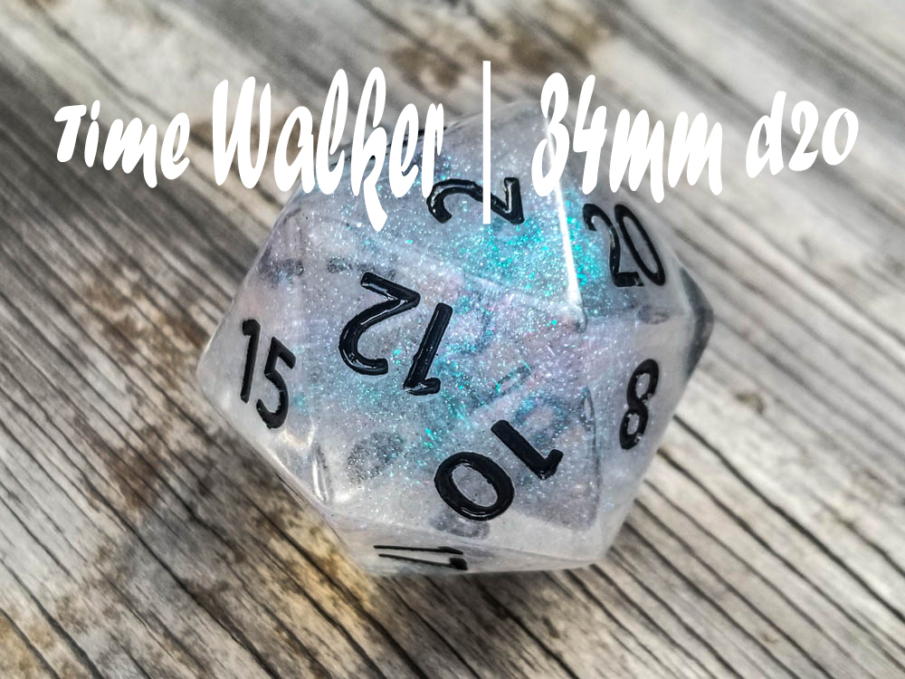 The Time Walker | Clear Glitter 34mm d20 CHONK RPG Dice Set w/Black