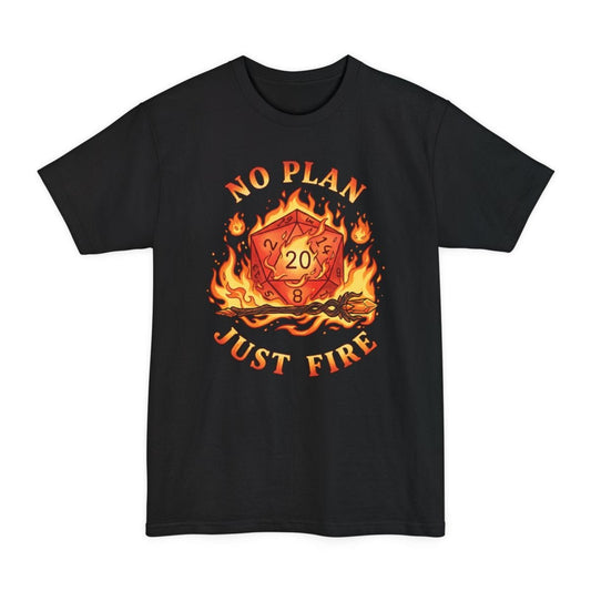 No Plan Just Fire Tall T-Shirt – Flaming D20 Spellcaster Graphic Tee for D&D
