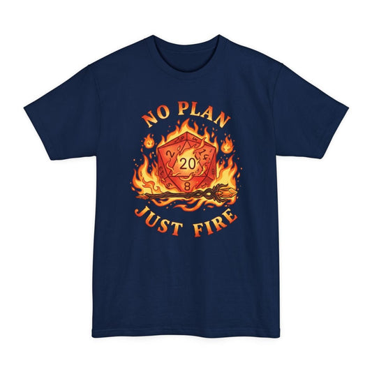 No Plan Just Fire Tall T-Shirt – Flaming D20 Spellcaster Graphic Tee for D&D