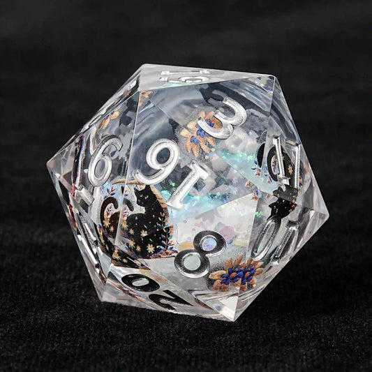 Garden Cat - 35mm Cream D20 Resin Dice and Colored Glitter Liquid Core D20 Dice