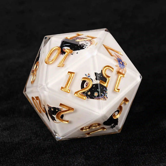 Garden Cat - 35mm Cream D20 Resin Dice and Colored Glitter Liquid Core D20 Dice