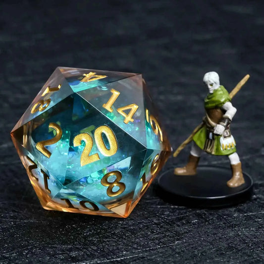35mm clear gold resin blue glitter liquid core giant D20 dice with gold numbers