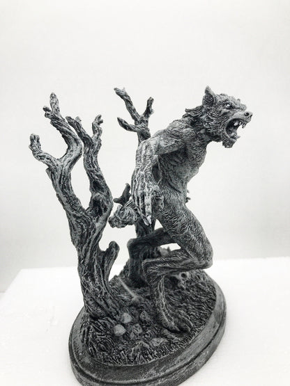 Werewolf Statue, Hand Painted Grayscale Resin Sculpture | Gothic Halloween Legendary Monster Figurine | Dark Art for Spooky Home Decor