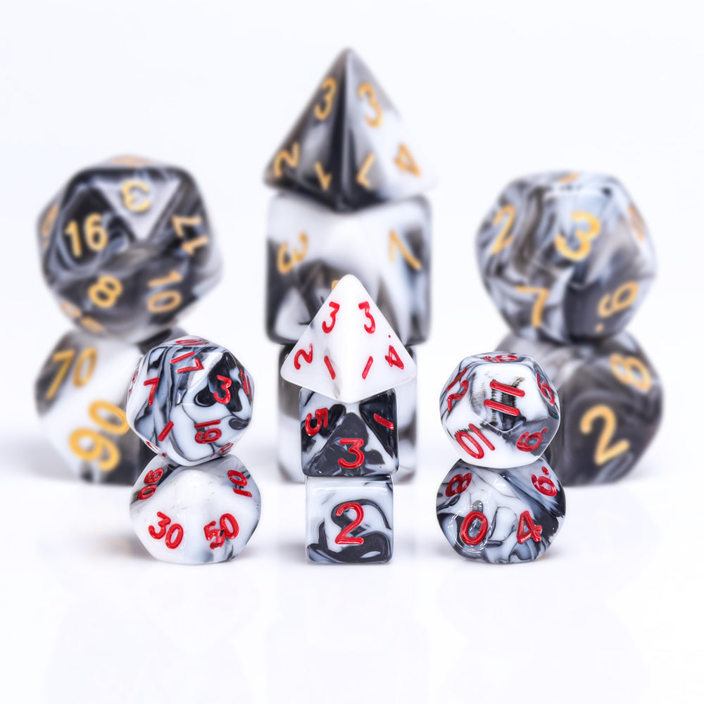 Black-White Blend 7-Dice Mini-Dice RPG Set w/Red Numbers Miniature Dice