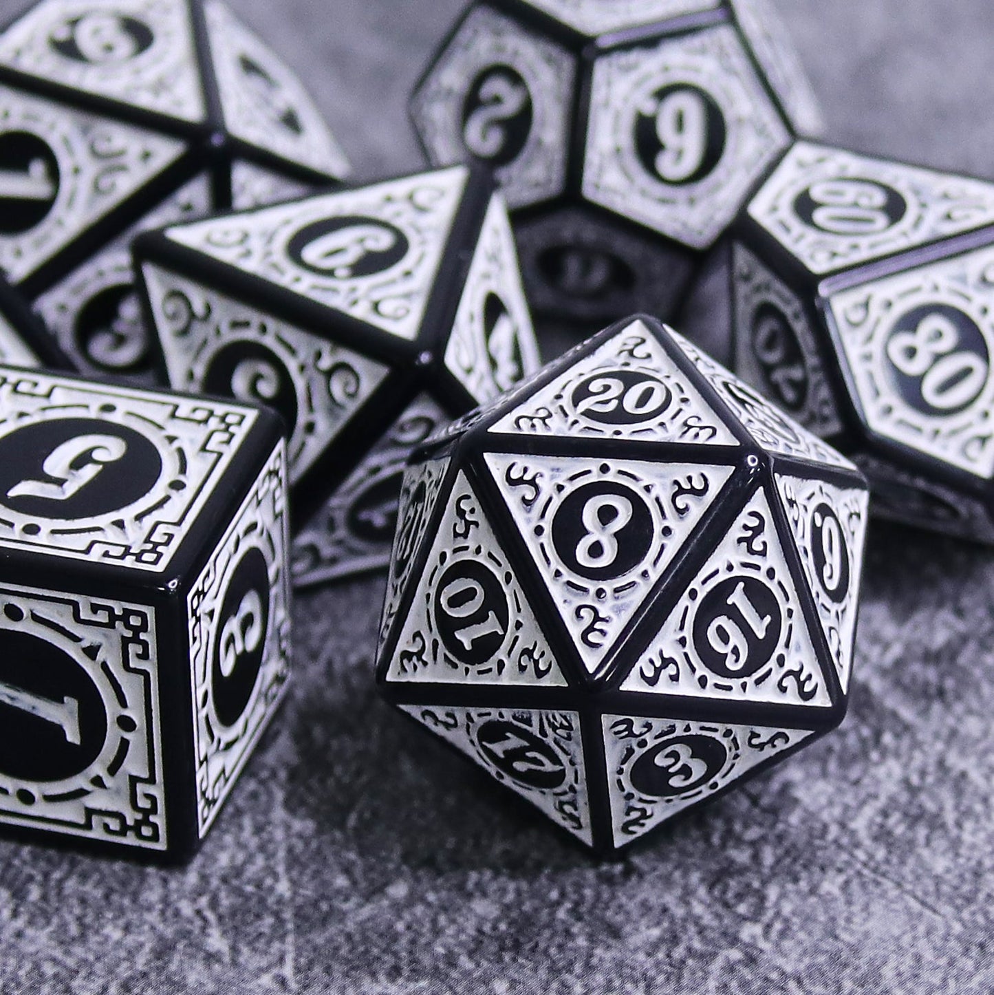 White Magic Flame 7-Dice Set DND RPG Dice Black w/Color Fill