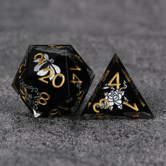 Black resin DND dice set with silver-white vintage magic emblem + gold numbers