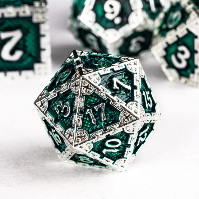 Silver Green Dragon Metal Dice Set | Premium D&D Metal Dice by Revenant Foundry