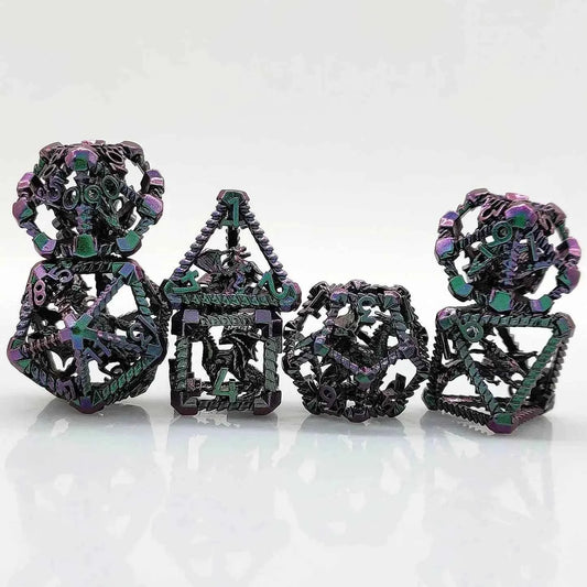 3D Metal Pterosaur Hollow DND Dice Set — Gradient Purple-Blue 7-Piece TTRPG Dice