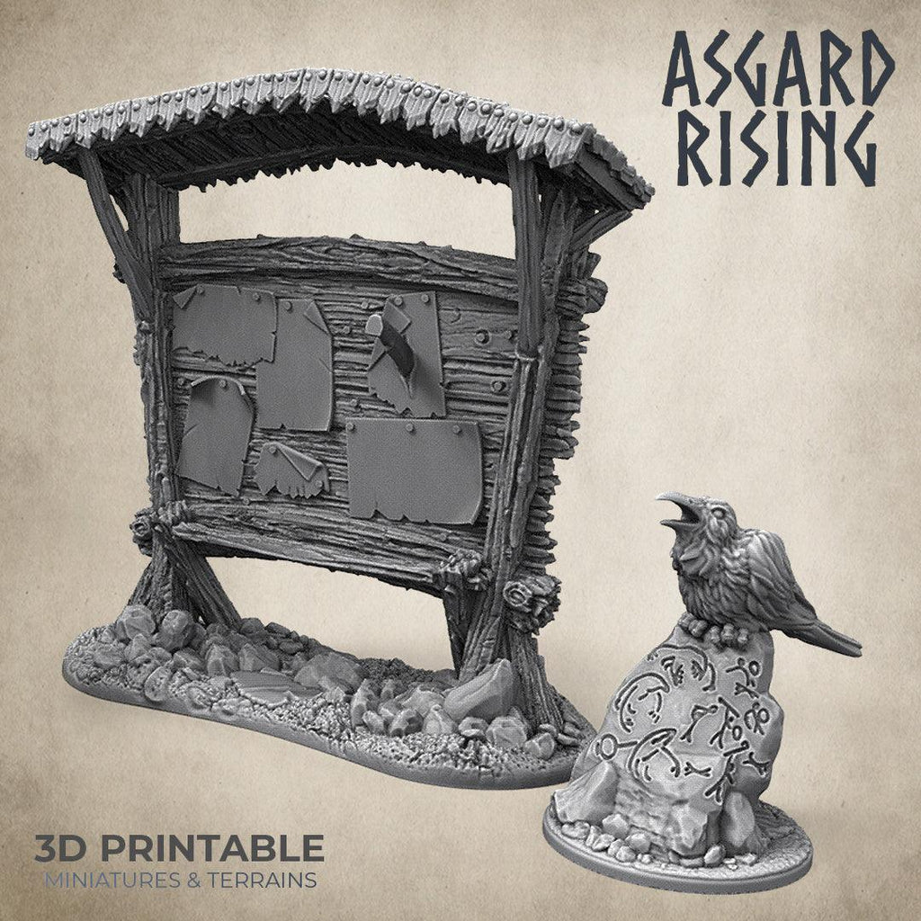 3D Printed Asgard Rising Notice Bounty Board and Rune Rock with Crow 32mm D&D