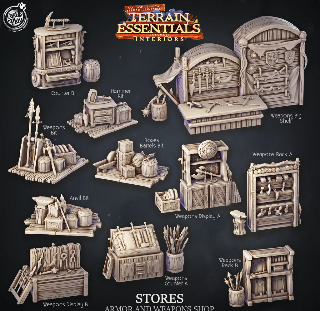3D Printed Cast n Play Armors and Weapons Shop Terrain Essentials 28mm 32mm D&D