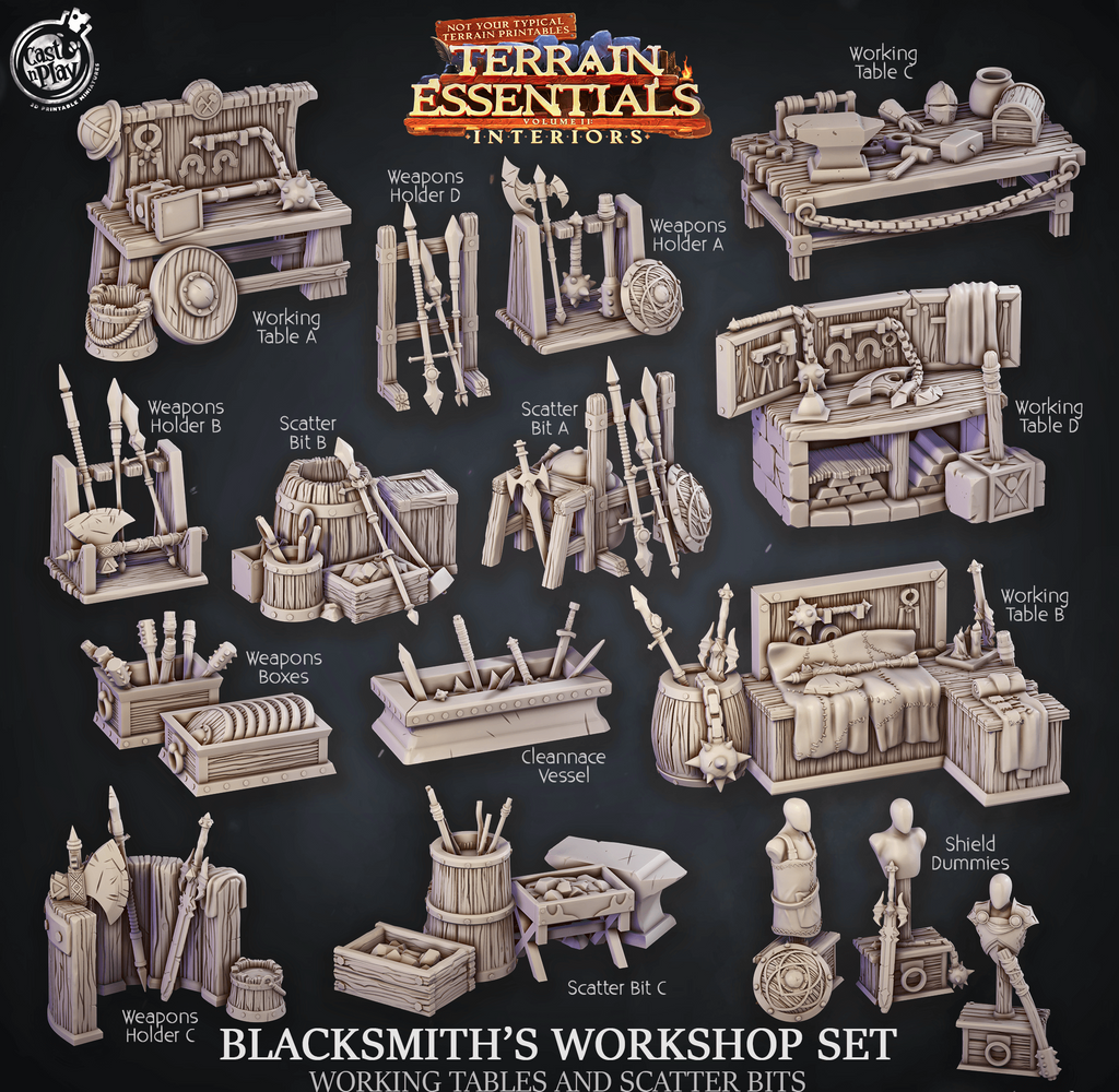 3D Printed Cast n Play Blacksmith's Workshop Tables and Bits Terrain Essentials 28mm 32mm D&D
